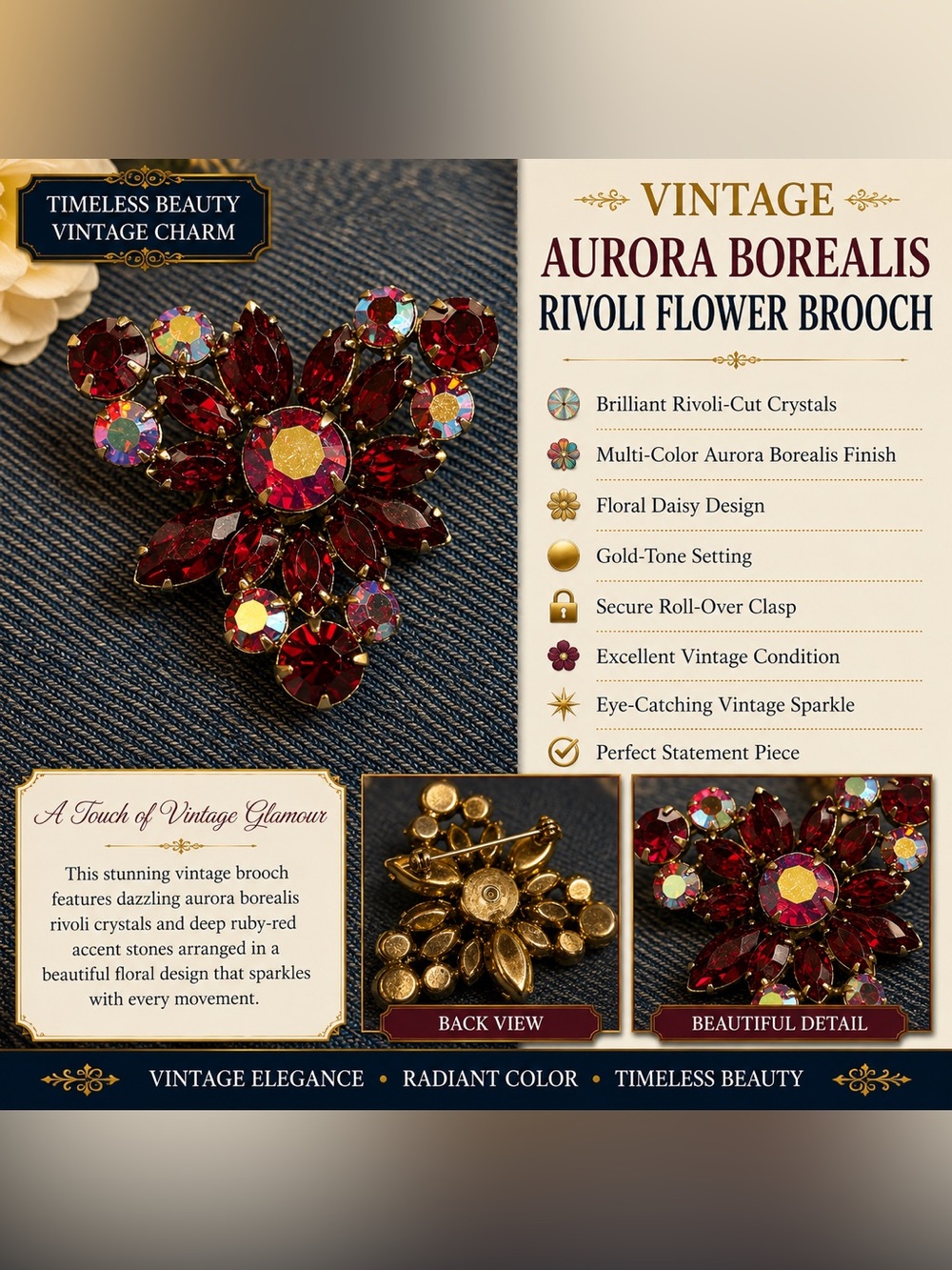 Vintage Aurora Borealis Ruby-Red Rivoli Flower Brooch - Gold-Tone